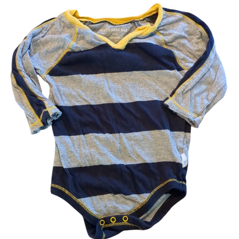 BURT'S BEES BABY Grey Navy and Yellow Striped Long Sleeve Onesie